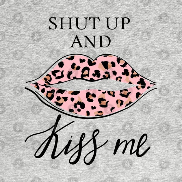 Fashion print with slogan. Kiss with leopard lipstick. Stylish woman lips. by CoCoArt-Ua